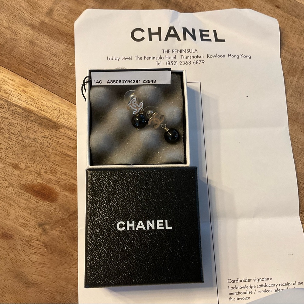 CHANEL Black and Silver Drop Earrings with CC Charm